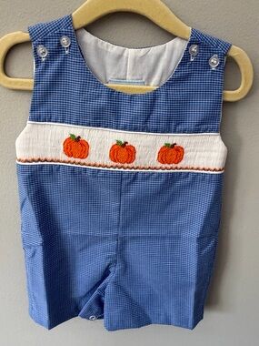 Classic Whimsy Blue Gingham Smocked Pumpkin Jon Jon Size 3M NWT